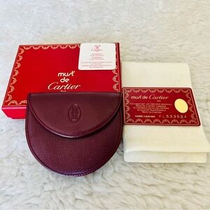 Cartier Must Line 2C Logo Bordeaux Leather Coin Case/Purse w/ cloth,card,box